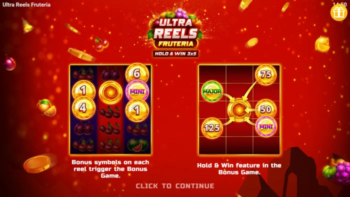 Ultra Reels Fruteria - menyu ya kuanzia na kitufe cha kuanza
